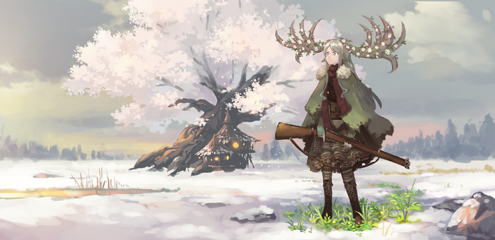 Anime girl with antlers and rifle in winter landscape