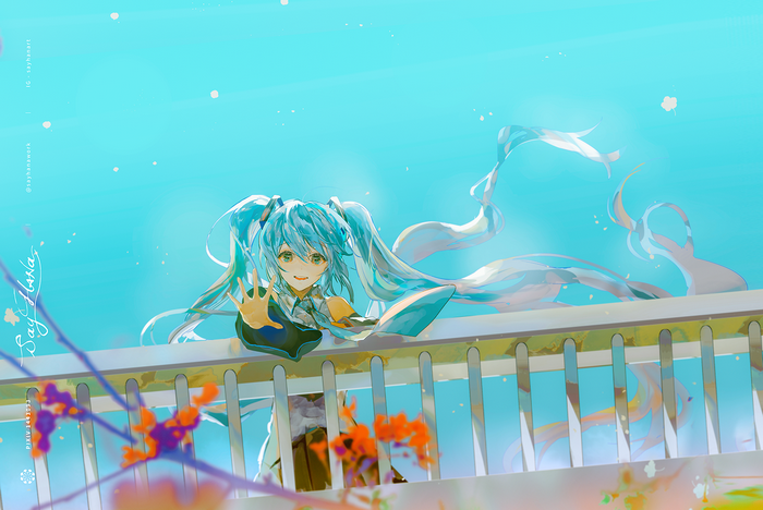 Hatsune Miku from Vocaloid reaching over a railing