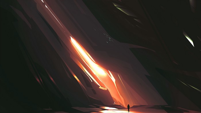 A lone figure stands before a glowing crystal formation in a dark cave.