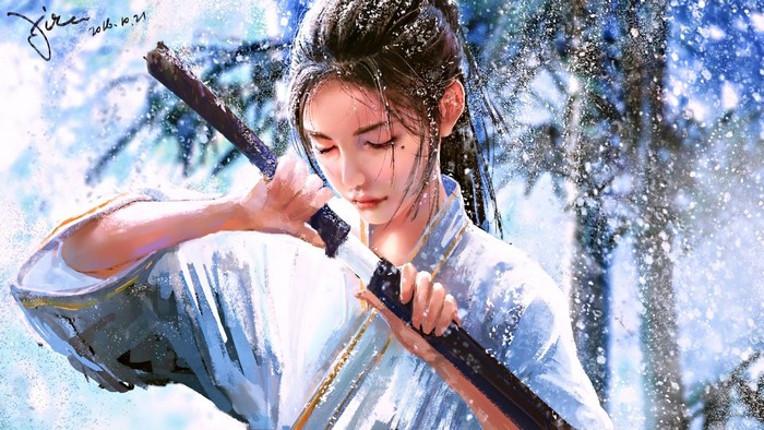 Asian warrior girl with sword in snow