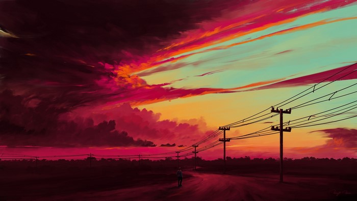 Digital art landscape of a sunset with power lines