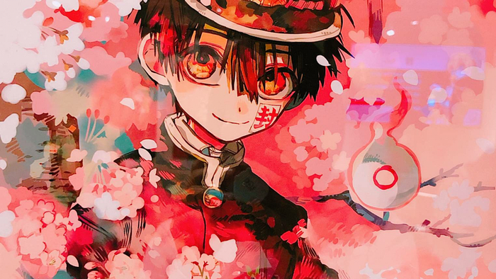 Anime boy with red eyes and cherry blossoms