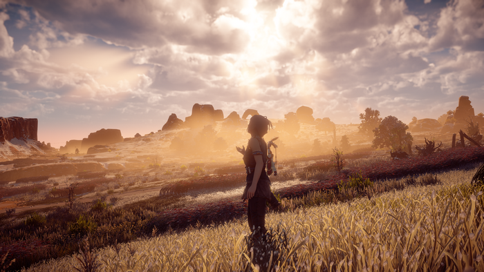 Aloy from Horizon Zero Dawn in a desert landscape