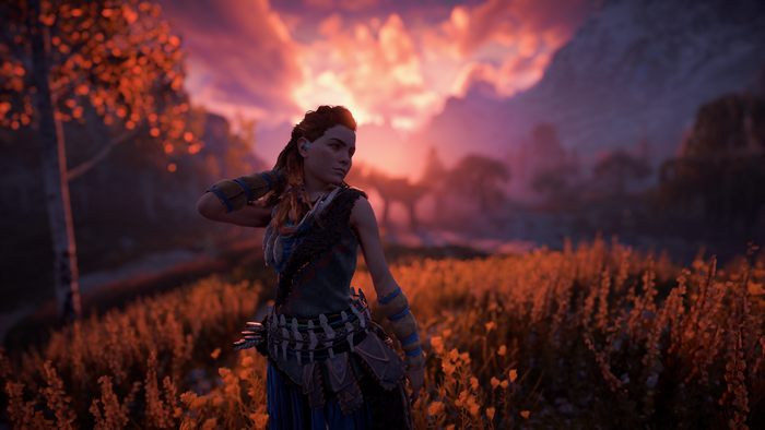 Aloy from Horizon Zero Dawn in a field at sunset