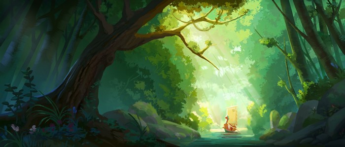 Boat on a river in a sunlit forest