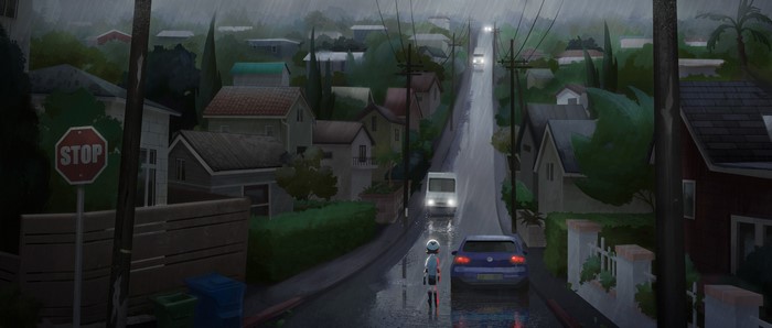 A person on a scooter in the rain on a suburban street