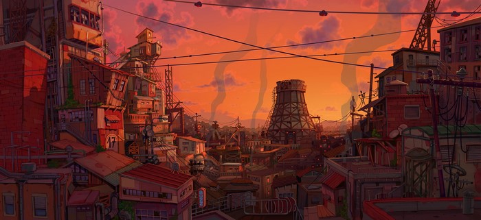 Fantasy industrial city at sunset with smoke stacks