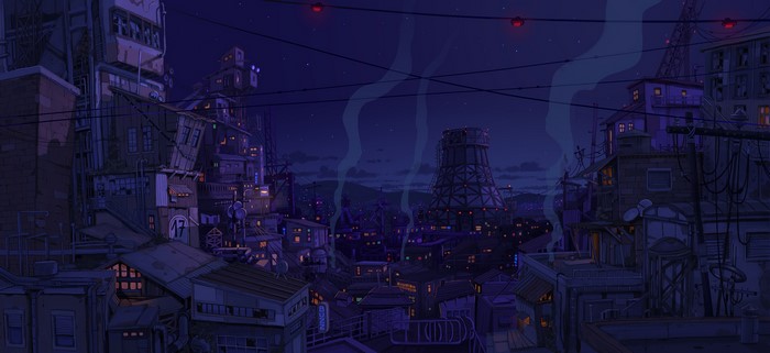 Fantasy city at night with smoke and buildings