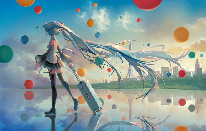 Hatsune Miku with a suitcase in a surreal cityscape