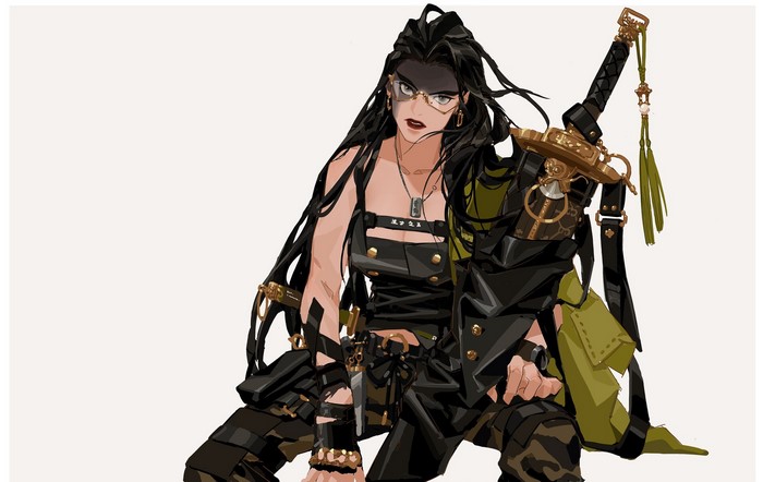 Woman with long dark hair and glasses holding a sword