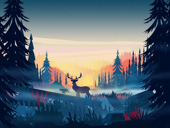 Deer in a misty forest landscape at sunset