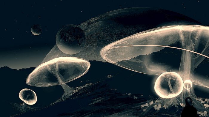 Science fiction landscape with glowing mushrooms and planets