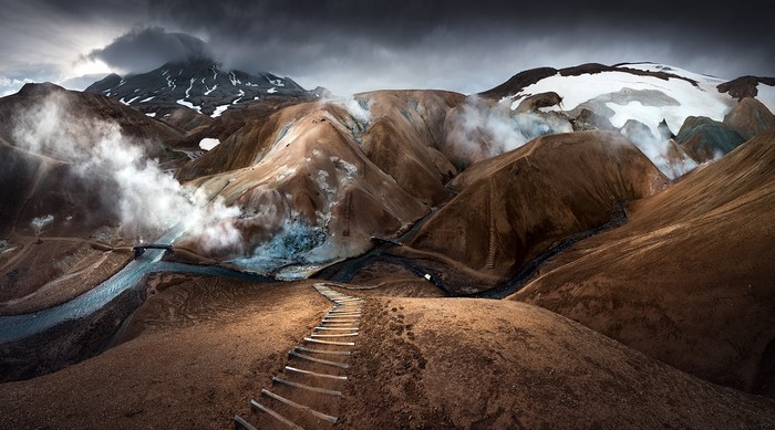Steaming Mountains Landscape in Iceland by Karol Nienartowicz