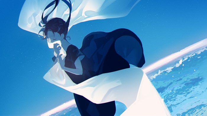 Anime girl with long dark hair in a dark dress