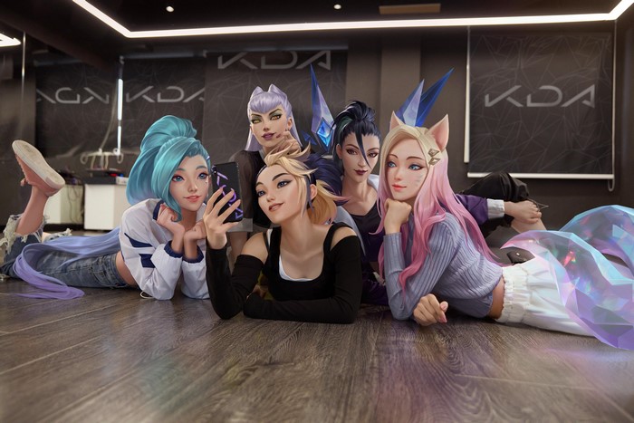 KDA members taking a selfie in a studio