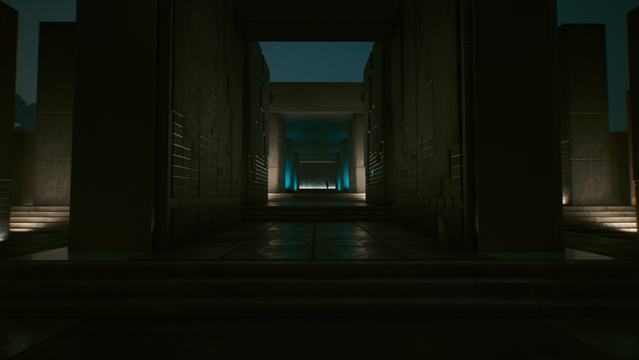 Cyberpunk 2077 architecture with blue lighting