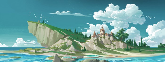 Digital art of a castle on a cliff overlooking the sea