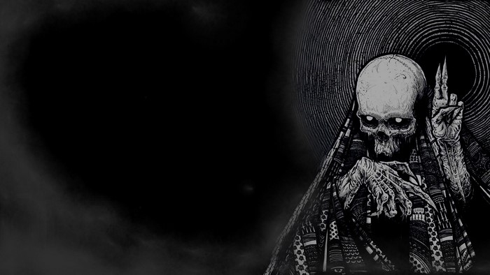 Monochrome artwork of a skull with a patterned robe