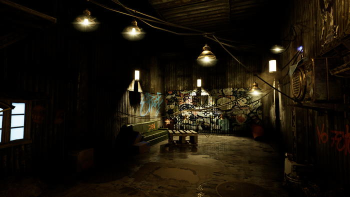 Graffiti-covered alleyway with industrial lighting
