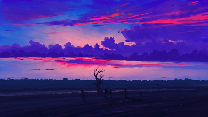 Digital painting of a surreal landscape with a dead tree and figures