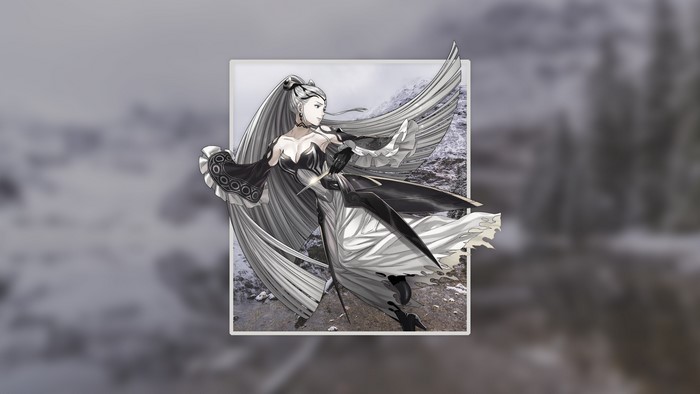 Woman with long white hair in a black and white dress