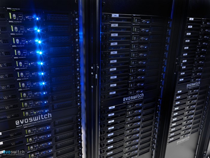 Evoswitch data center servers with blue lights