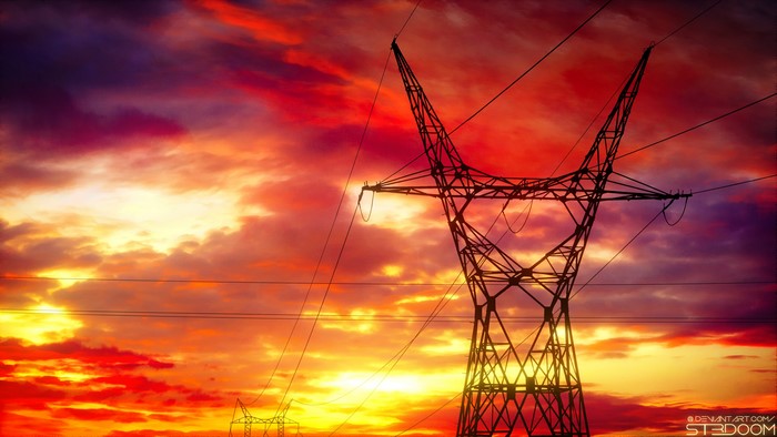 4K Sunset with Power Lines and Tower