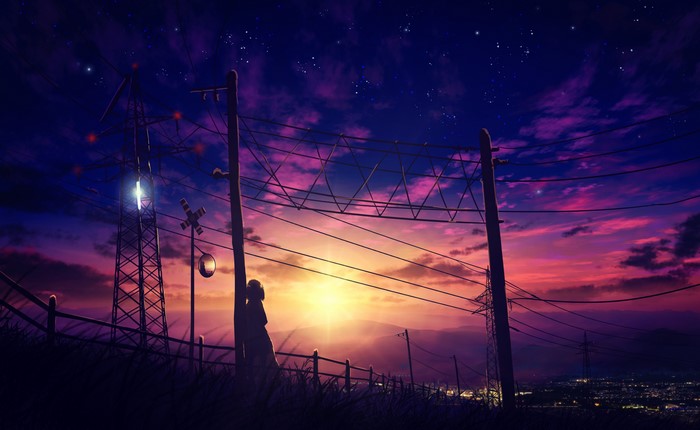 4K, cityscape, sunset, clouds, HuashiJW, anime girls, sky, power lines ...