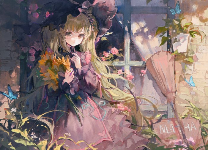 Anime girl with long hair and flowers