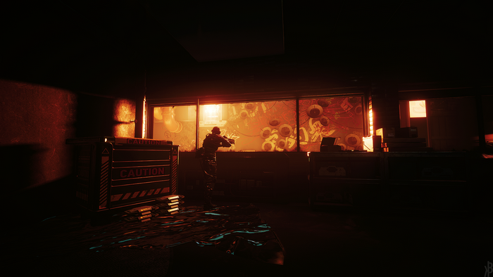 Cyberpunk 2077 character aiming a gun through a window