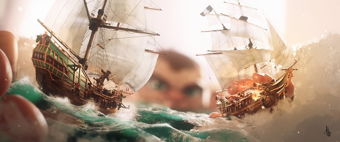 Toy pirate ships battling on stormy seas with giant eyes watching