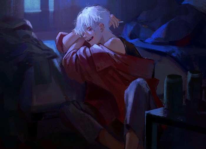Anime boy with white hair smoking indoors