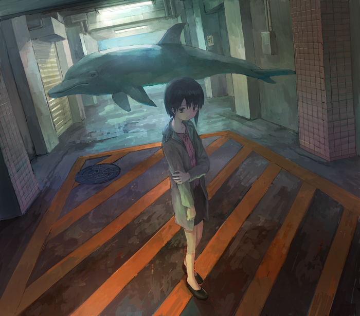 Lain Iwakura from Serial Experiments Lain with a dolphin