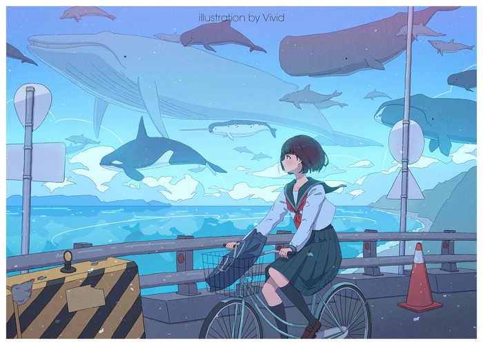 Anime girl on bicycle with whales and orcas in the sky