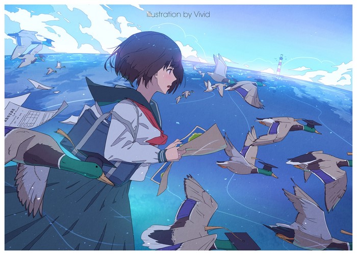 Anime girl in school uniform with ducks flying