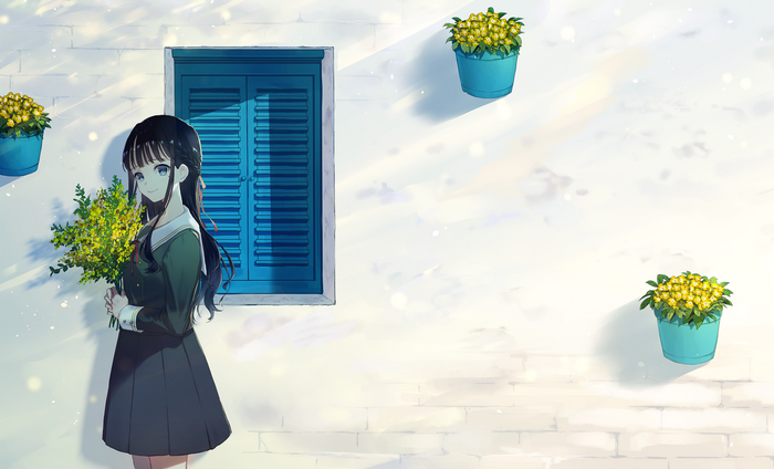 Anime girl with flowers in front of a blue window