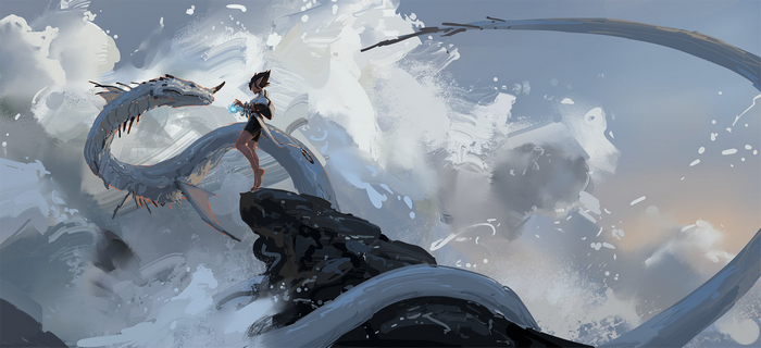 Fantasy girl with a dragon by Kan Liu