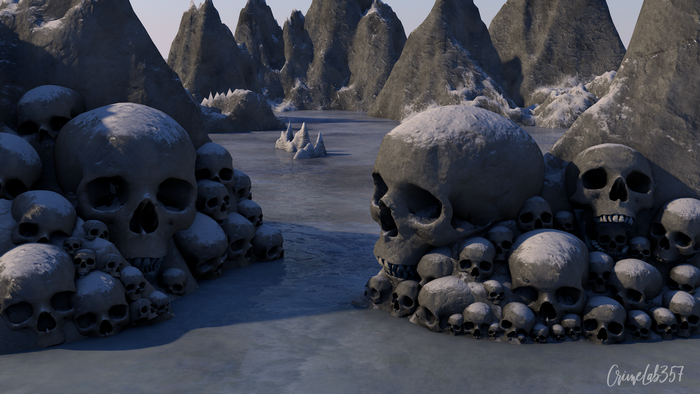 Fantasy art of a snowy landscape with piles of skulls
