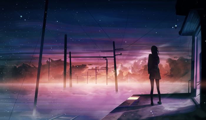 Anime girl watching sunset with clouds and utility poles