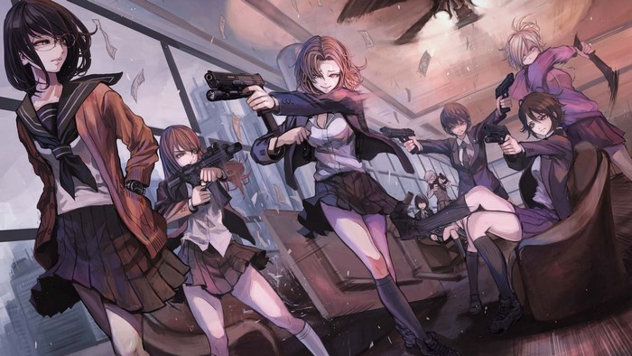 Anime girls in school uniforms holding weapons