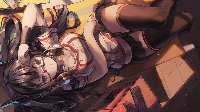 Anime girl with glasses and headphones lying down