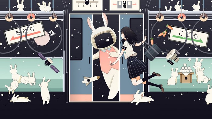 Anime girl and robot bunny on a space train