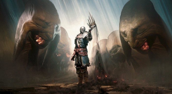 4K artwork of a knight holding a crown surrounded by giants