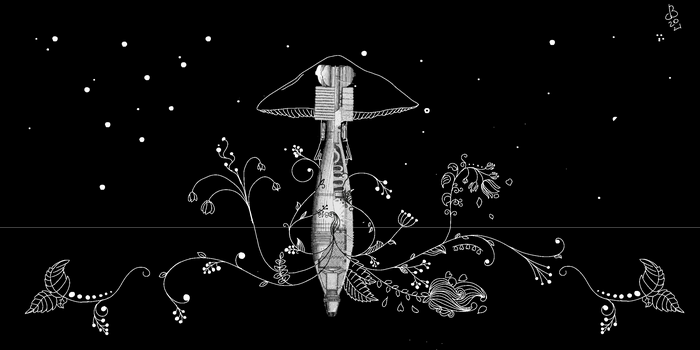 Monochrome illustration of a mushroom-like object with plants
