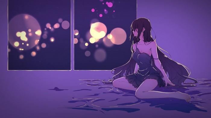 Anime girl with long hair sitting by the window