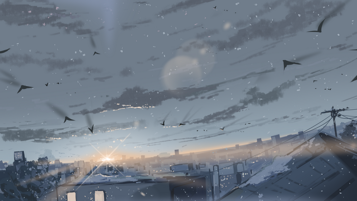 Digital painting of a winter cityscape at sunrise with birds