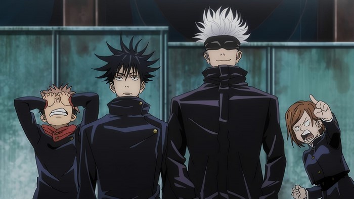 Jujutsu Kaisen characters Yuji, Megumi, Gojo, and Nobara