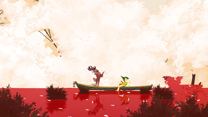 Spiritfarer: Deer spirit and Stella in a boat