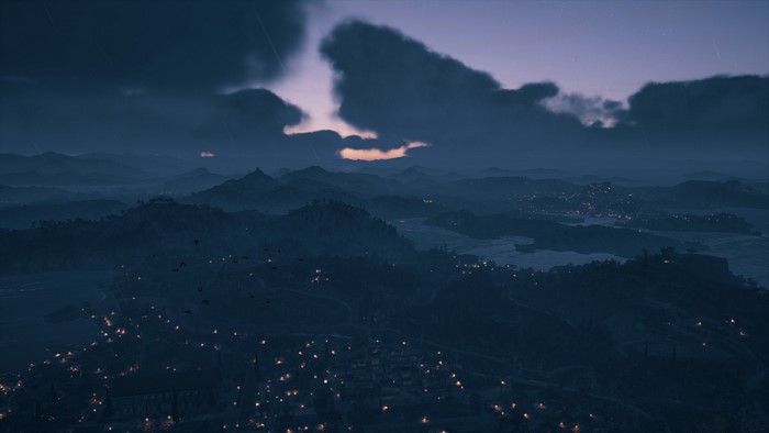 Assassin's Creed Odyssey: Twilight landscape with distant settlements