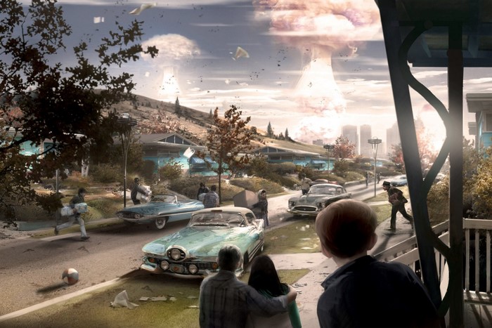 Fallout 4 apocalyptic scene with atomic bombs